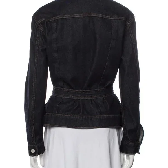 Trave Blue Pointed Collar Flap Pockets Button Closure Belted Denim Jacket Small - Picture 10 of 12